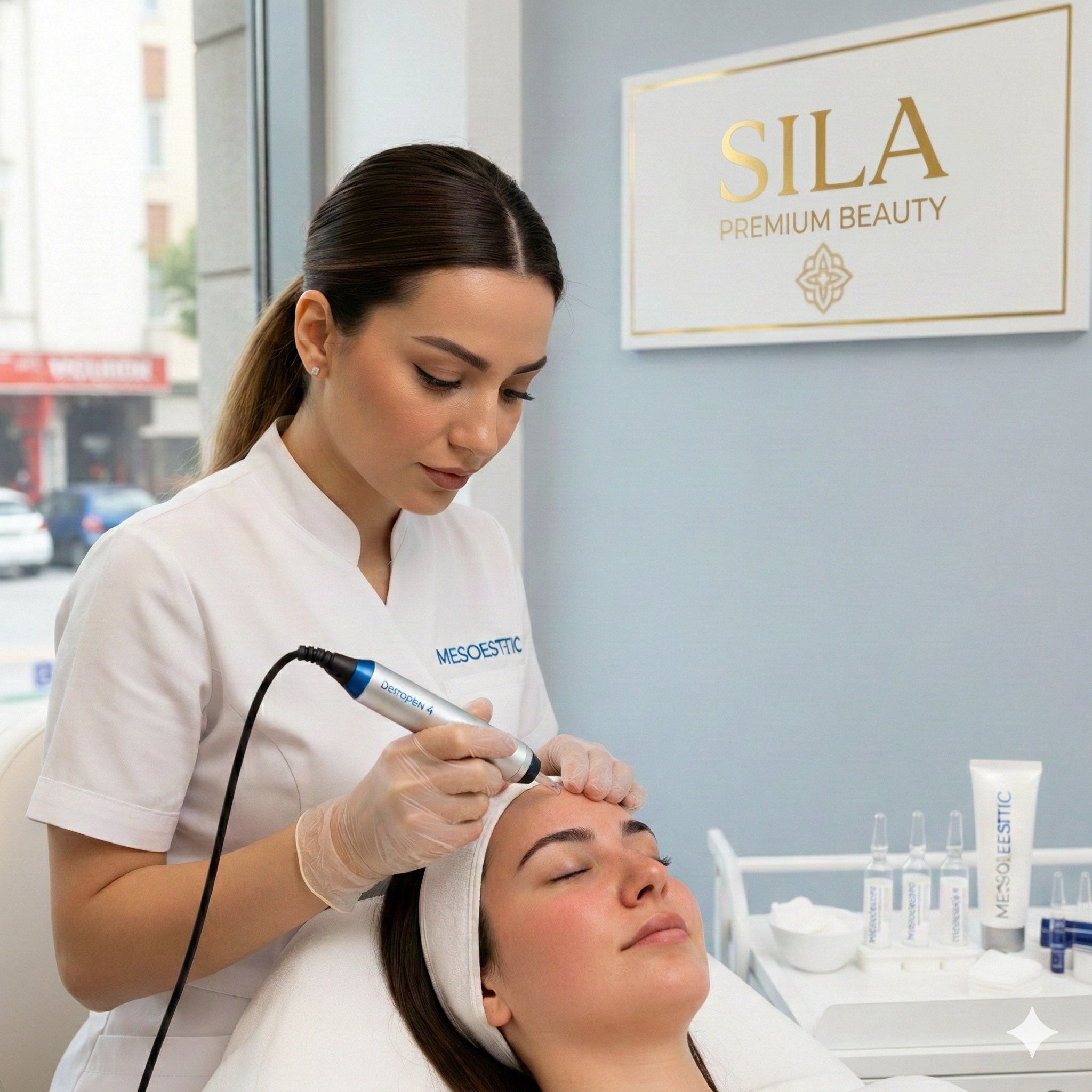 Microneedling Dermapen uygulaması ile cilt yenileme, gözenek sıkılaştırma ve akne izlerini azaltma işlemi