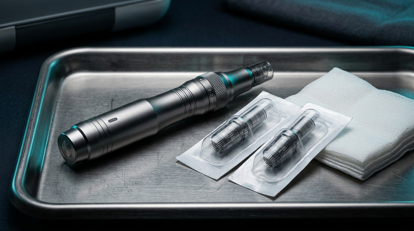 Editorial still life of generic microneedling equipment and single-use supplies