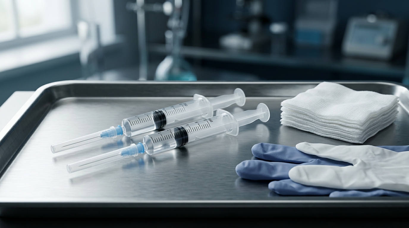 Editorial still life of capped syringes and professional treatment supplies