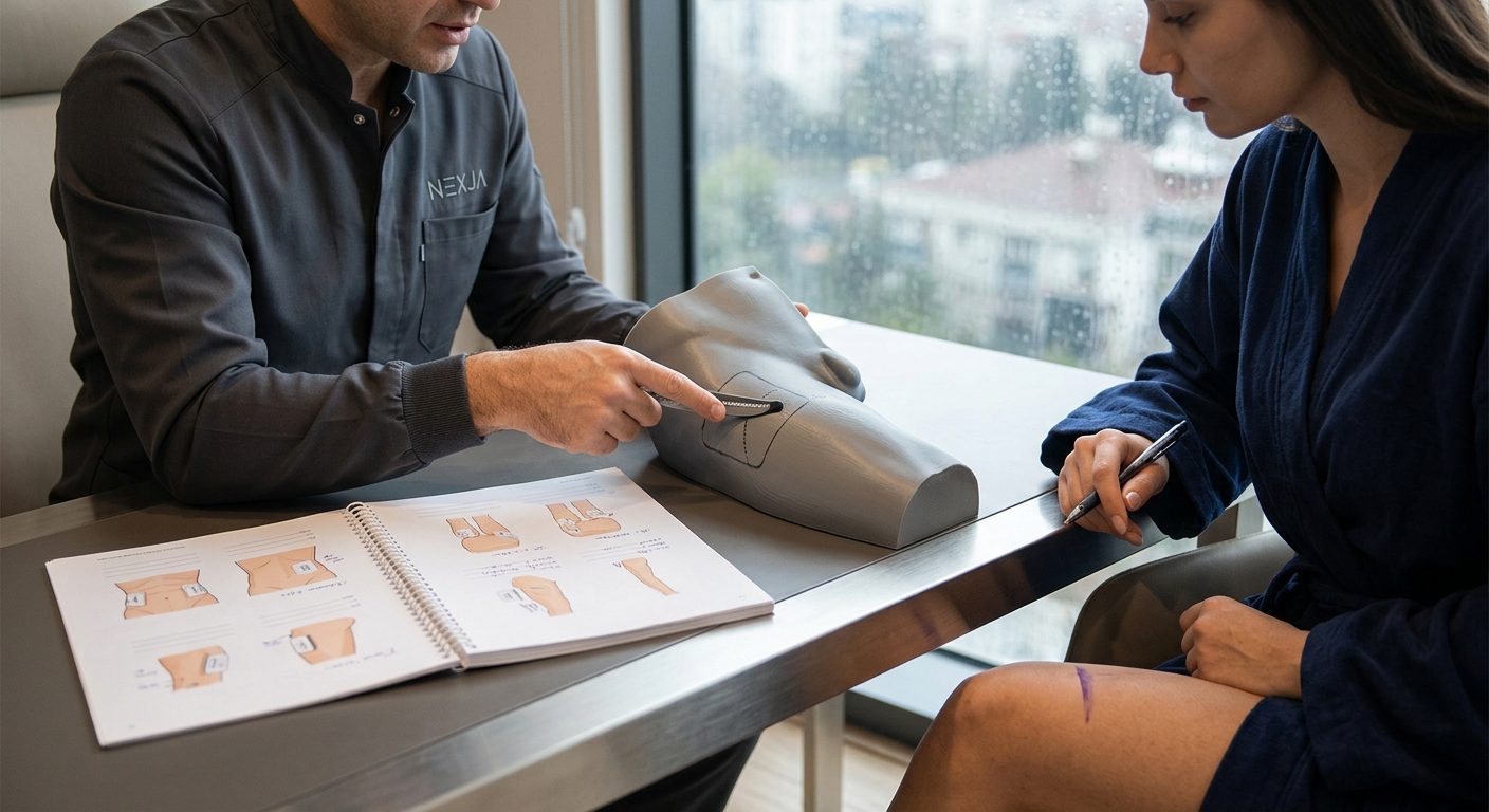 Illustrative consultation using an anatomical model to discuss a body-treatment area