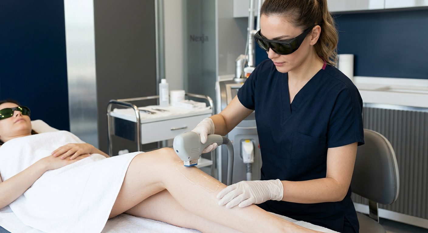 Illustrative body hair-removal treatment demonstrating a cooling handpiece and protective eyewear