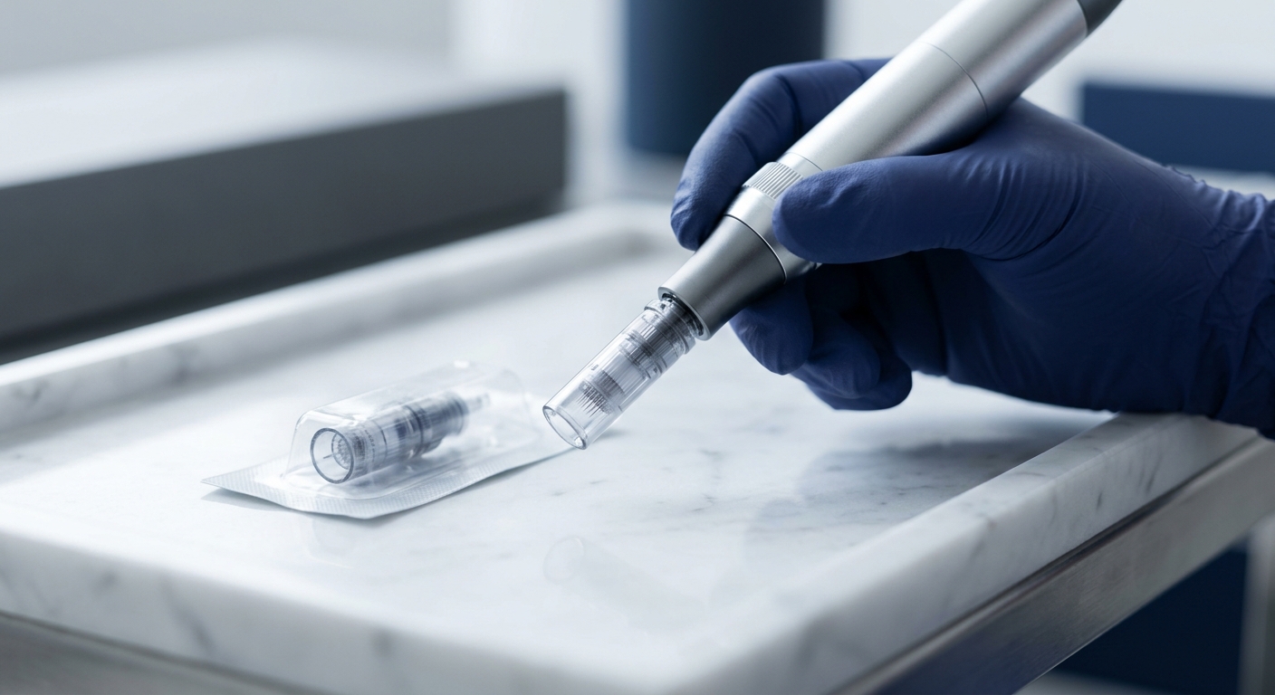 Editorial close-up of a generic microneedling pen and cartridge