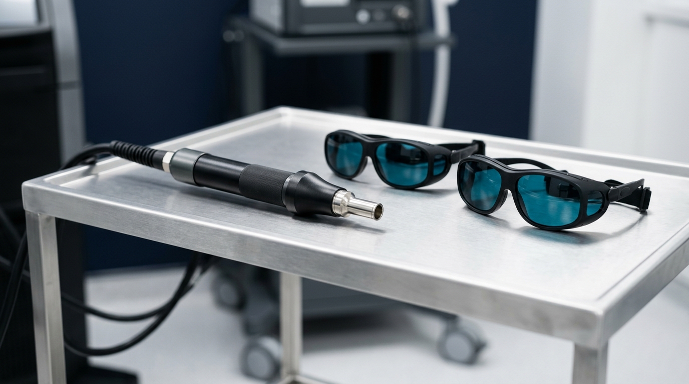 Editorial laser handpiece and protective goggles detail